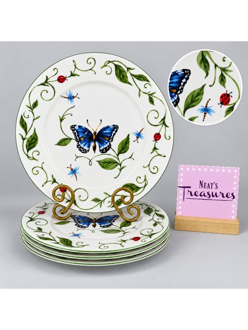 Tabletops Blue BUTTERFLY Ladybug Dragonfly Vines Ceramic Dinner Plates Set of 4